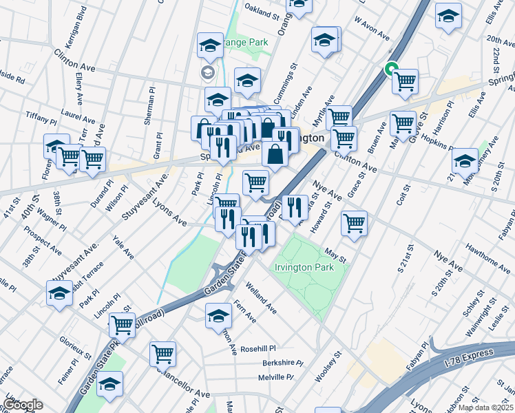 map of restaurants, bars, coffee shops, grocery stores, and more near 96 Union Avenue in Irvington