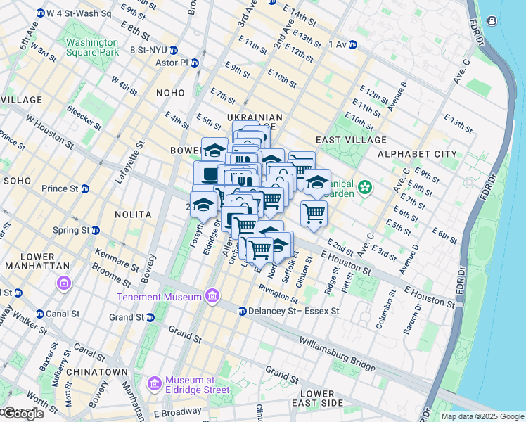 map of restaurants, bars, coffee shops, grocery stores, and more near 94 East 1st Street in New York