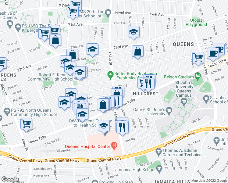 map of restaurants, bars, coffee shops, grocery stores, and more near 164-04 77th Road in Queens