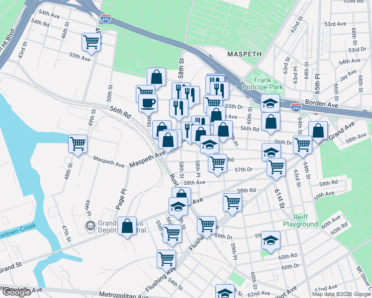 map of restaurants, bars, coffee shops, grocery stores, and more near 56-70 58th Place in Queens