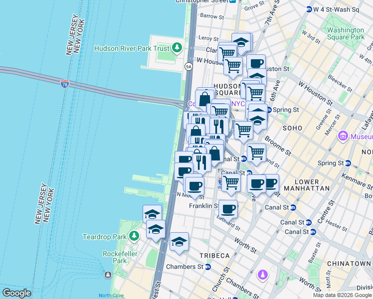 map of restaurants, bars, coffee shops, grocery stores, and more near 12th Avenue in New York