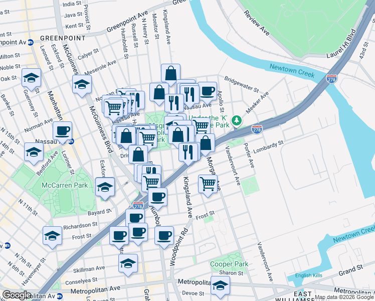 map of restaurants, bars, coffee shops, grocery stores, and more near in Brooklyn