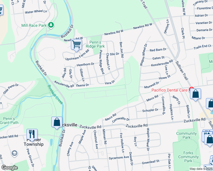 map of restaurants, bars, coffee shops, grocery stores, and more near 1230 Vera Drive in Easton