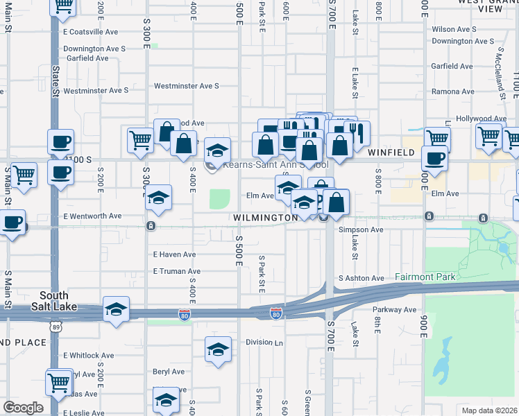 map of restaurants, bars, coffee shops, grocery stores, and more near 535 Wilmington Avenue in Salt Lake City