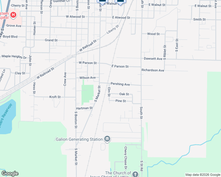 map of restaurants, bars, coffee shops, grocery stores, and more near 201 Pershing Avenue in Galion