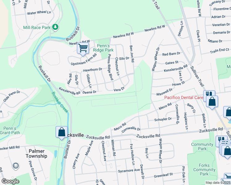 map of restaurants, bars, coffee shops, grocery stores, and more near 1230 Vera Drive in Easton