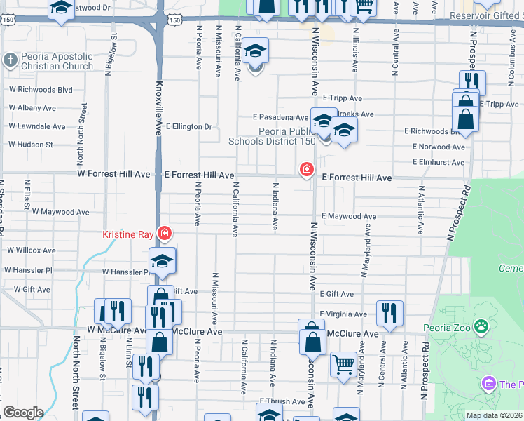 map of restaurants, bars, coffee shops, grocery stores, and more near 520 East Melbourne Avenue in Peoria