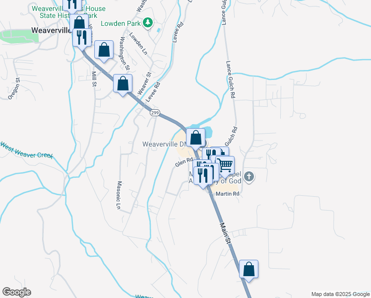 map of restaurants, bars, coffee shops, grocery stores, and more near 1450 Main Street in Weaverville