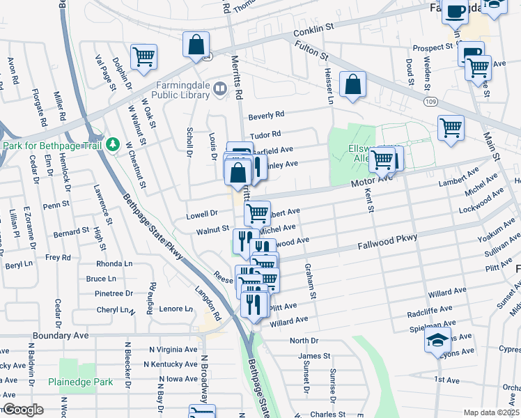 map of restaurants, bars, coffee shops, grocery stores, and more near 195 Merritts Road in South Farmingdale