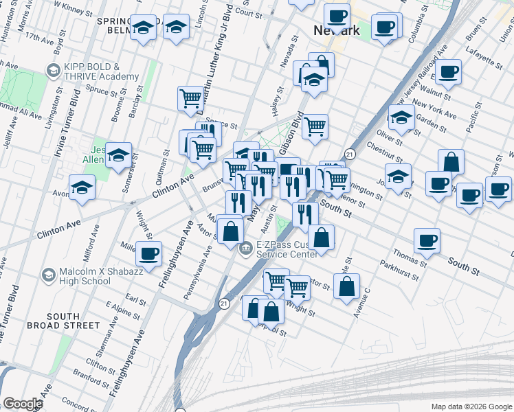 map of restaurants, bars, coffee shops, grocery stores, and more near Broad Street & Parkhurst Street in Newark