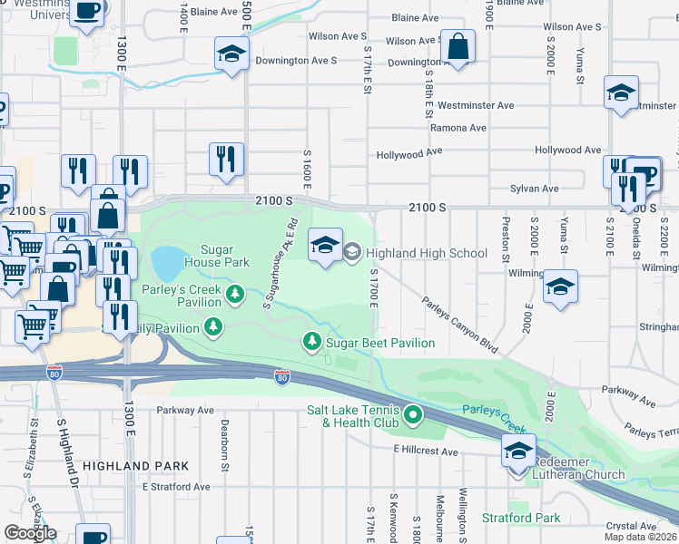 map of restaurants, bars, coffee shops, grocery stores, and more near 2166 West 1700 South in Salt Lake City