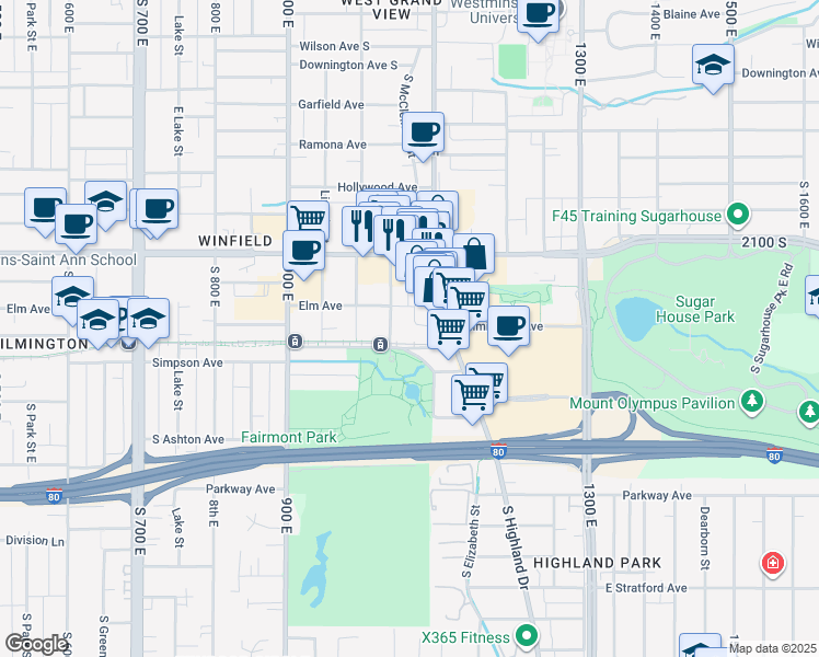 map of restaurants, bars, coffee shops, grocery stores, and more near 2 McClelland Street East in Salt Lake City