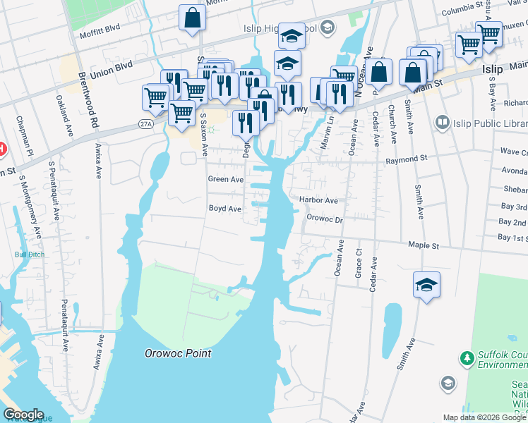 map of restaurants, bars, coffee shops, grocery stores, and more near 12 Inlet View in Bay Shore