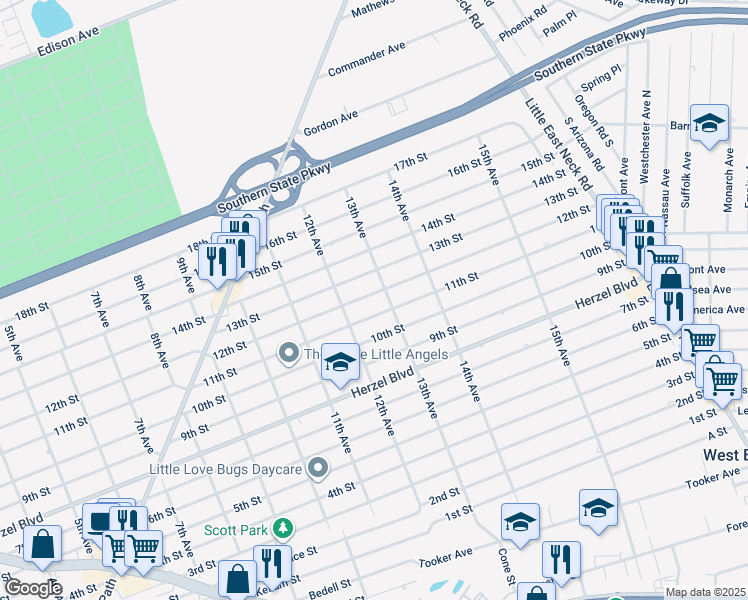 map of restaurants, bars, coffee shops, grocery stores, and more near 1230 12th Street in West Babylon