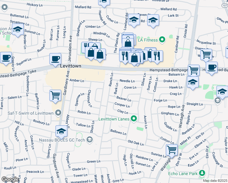 map of restaurants, bars, coffee shops, grocery stores, and more near 15 Bark Lane in Levittown