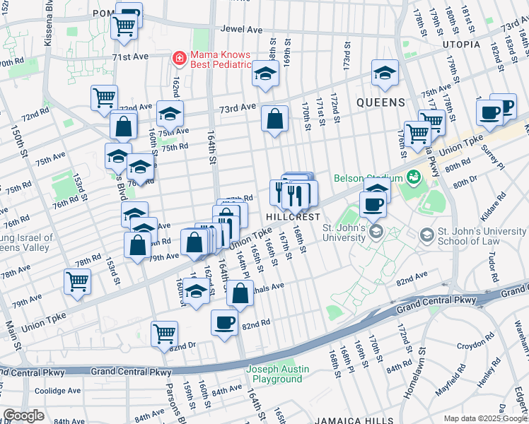 map of restaurants, bars, coffee shops, grocery stores, and more near 77-28 167th Street in Queens