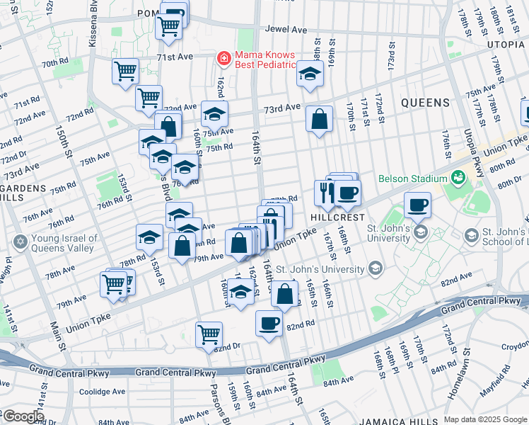 map of restaurants, bars, coffee shops, grocery stores, and more near 164-04 77th Road in Queens