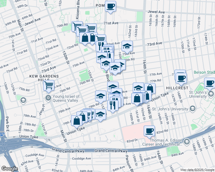 map of restaurants, bars, coffee shops, grocery stores, and more near 153-58 77th Avenue in Queens