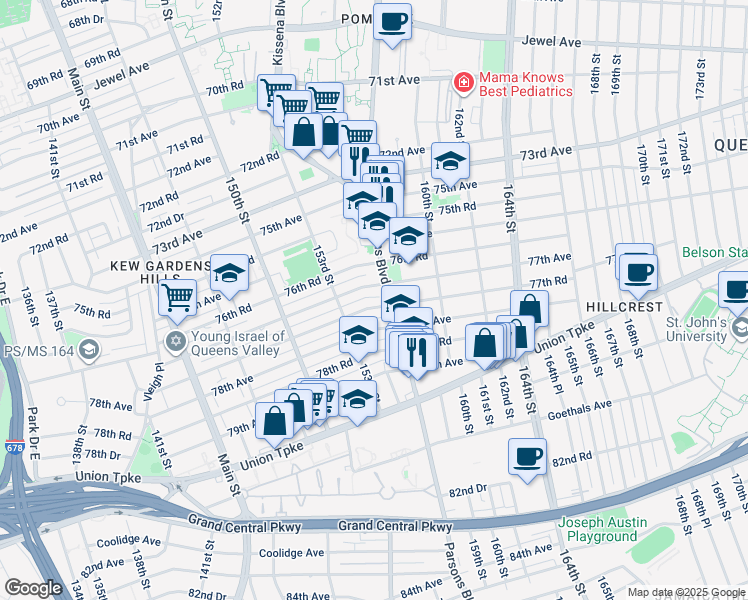 map of restaurants, bars, coffee shops, grocery stores, and more near 153-58 77th Avenue in Queens