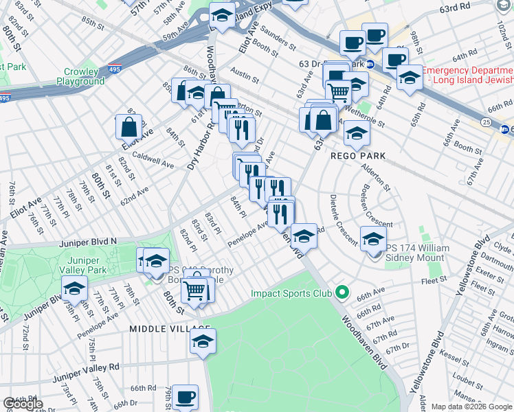 map of restaurants, bars, coffee shops, grocery stores, and more near 63-30 Woodhaven Boulevard in Queens