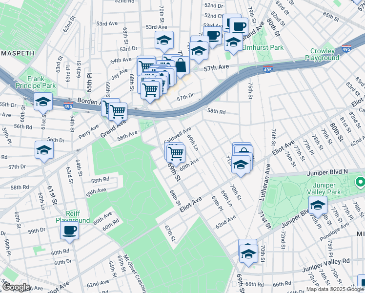 map of restaurants, bars, coffee shops, grocery stores, and more near 59-28 69th Lane in Queens