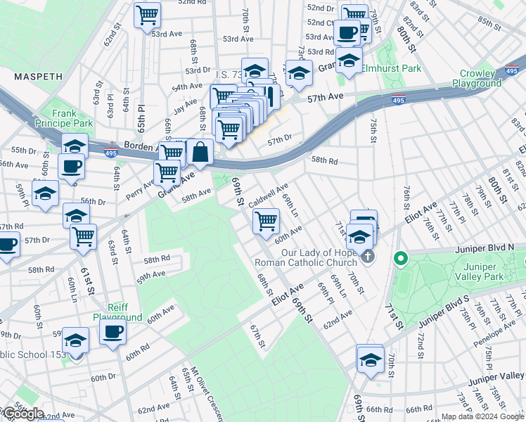 map of restaurants, bars, coffee shops, grocery stores, and more near 69-30 Caldwell Avenue in Queens