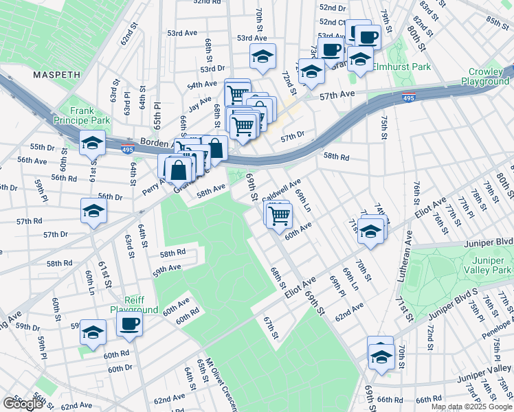 map of restaurants, bars, coffee shops, grocery stores, and more near 58-32 69th Street in Queens