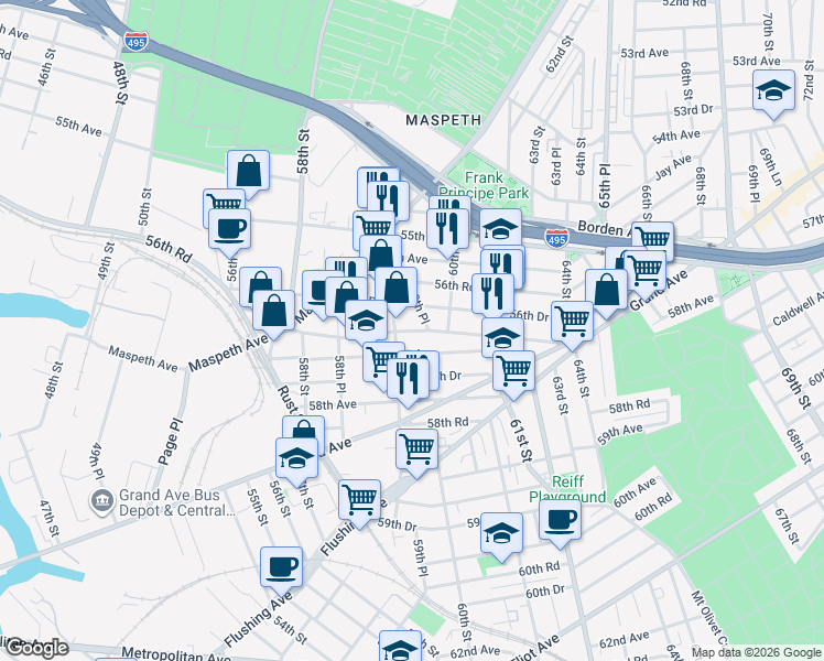 map of restaurants, bars, coffee shops, grocery stores, and more near 59-11 Maspeth Avenue in Queens