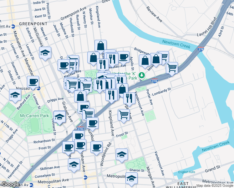 map of restaurants, bars, coffee shops, grocery stores, and more near 23 Driggs Avenue in Brooklyn
