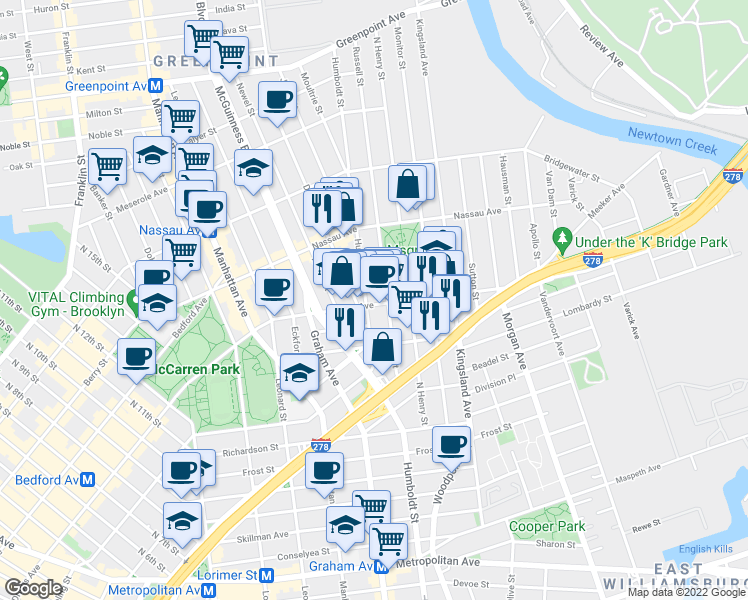 map of restaurants, bars, coffee shops, grocery stores, and more near 81 Russell Street in Brooklyn