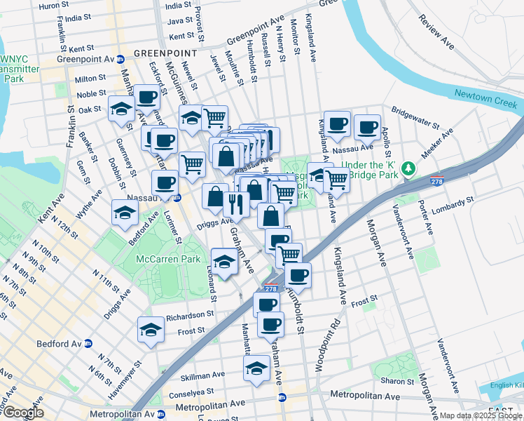map of restaurants, bars, coffee shops, grocery stores, and more near 160 Driggs Avenue in Brooklyn
