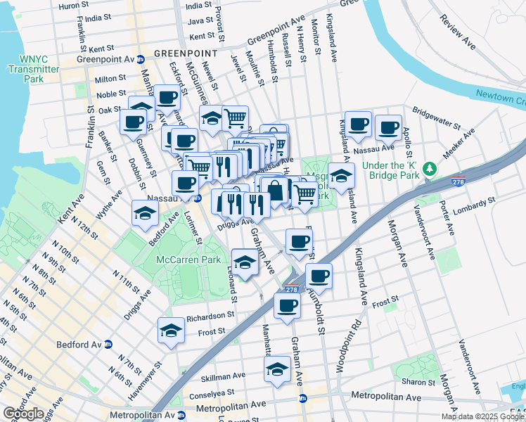 map of restaurants, bars, coffee shops, grocery stores, and more near 21 Newel Street in Brooklyn