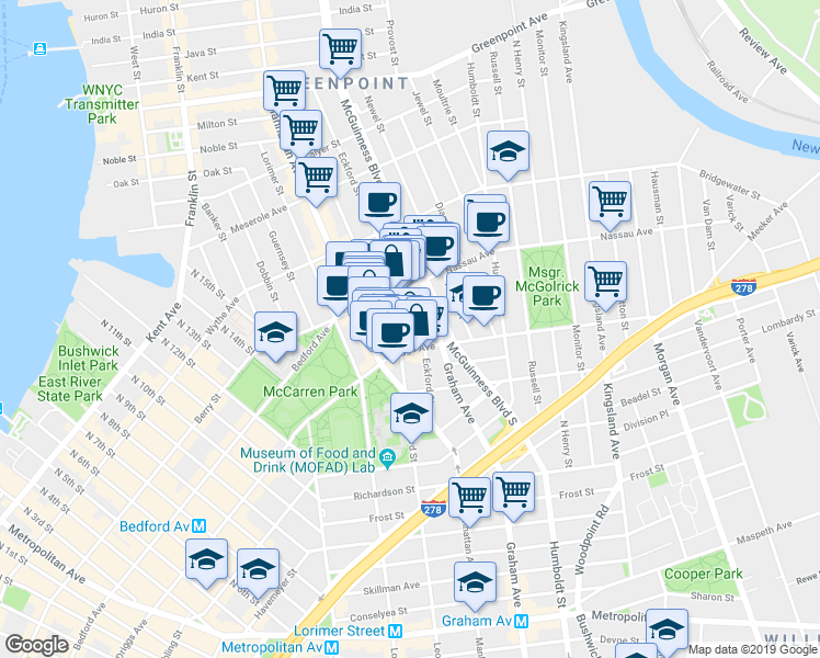 map of restaurants, bars, coffee shops, grocery stores, and more near 112 Eckford Street in Brooklyn