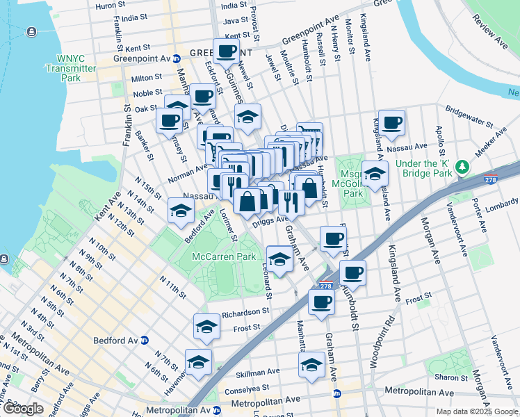 map of restaurants, bars, coffee shops, grocery stores, and more near 112 Eckford Street in Brooklyn