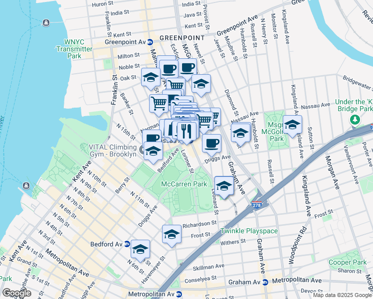 map of restaurants, bars, coffee shops, grocery stores, and more near 649 Manhattan Avenue in Brooklyn