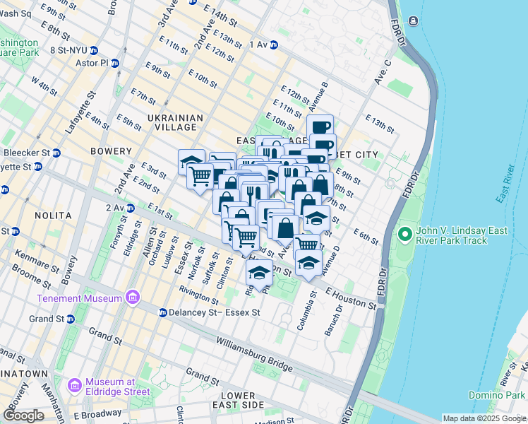 map of restaurants, bars, coffee shops, grocery stores, and more near 610 East 5th Street in New York