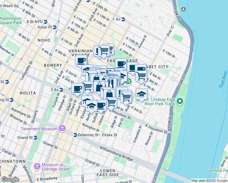 map of restaurants, bars, coffee shops, grocery stores, and more near 50-52 Avenue B in New York