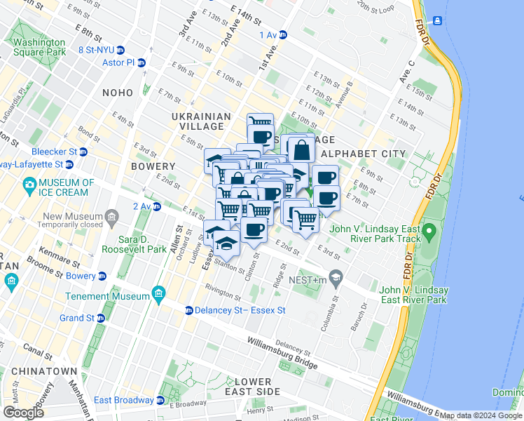 map of restaurants, bars, coffee shops, grocery stores, and more near 50-52 Avenue B in New York