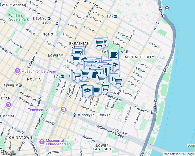 map of restaurants, bars, coffee shops, grocery stores, and more near 173 East 3rd Street in New York