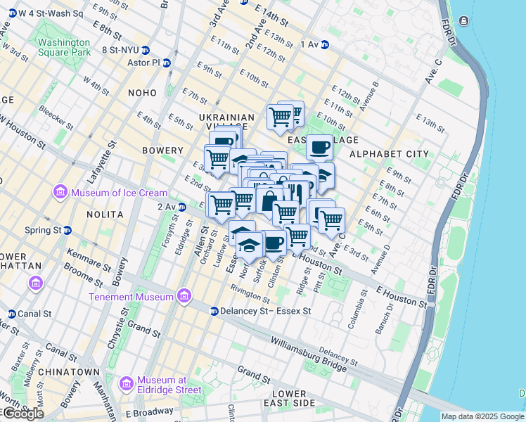map of restaurants, bars, coffee shops, grocery stores, and more near 173 East 3rd Street in New York
