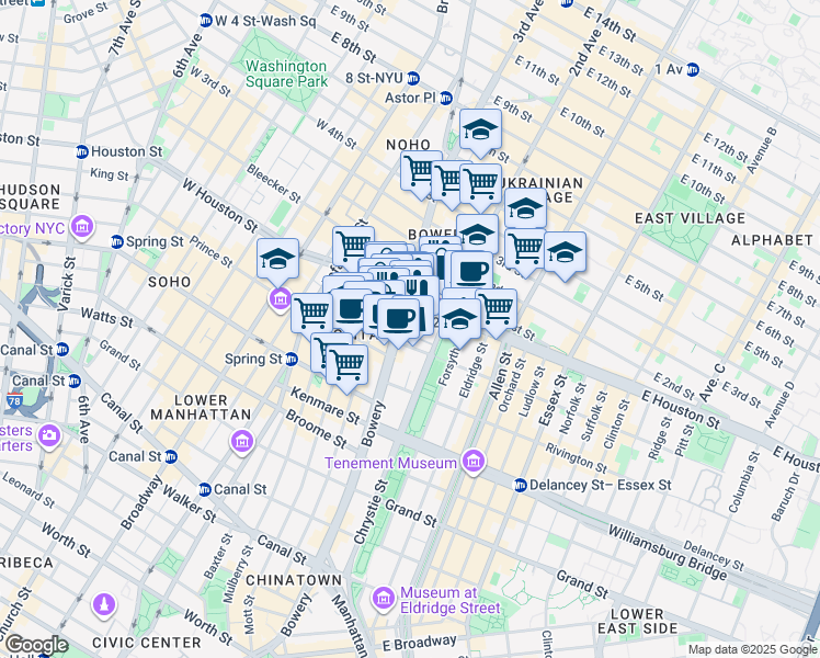 map of restaurants, bars, coffee shops, grocery stores, and more near 9317 East Houston Street in New York