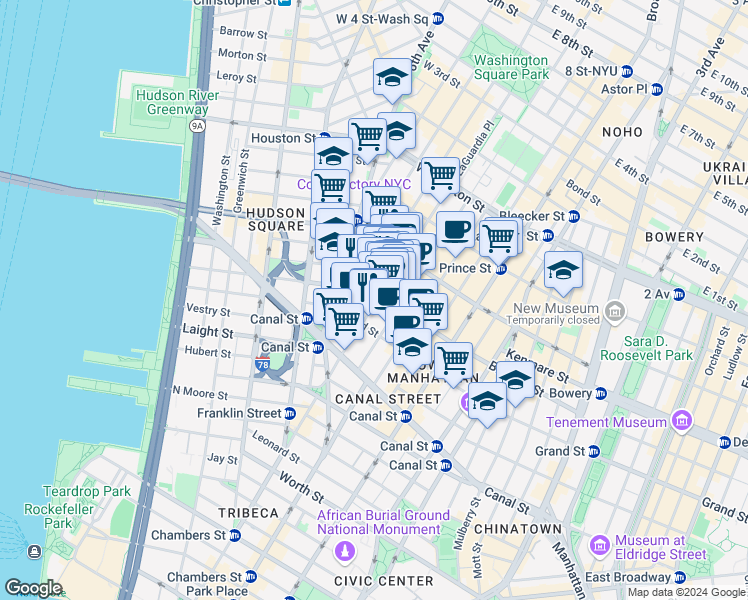 map of restaurants, bars, coffee shops, grocery stores, and more near 418 Broome Street in New York