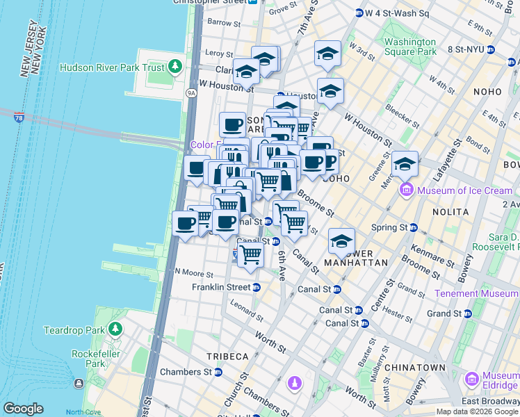 map of restaurants, bars, coffee shops, grocery stores, and more near 75 Varick Street in New York