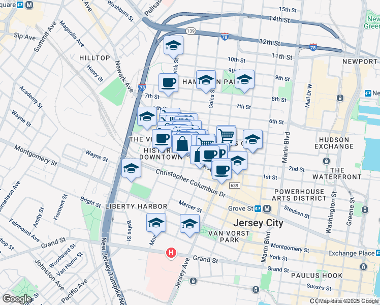 map of restaurants, bars, coffee shops, grocery stores, and more near 325 3rd Street in Jersey City