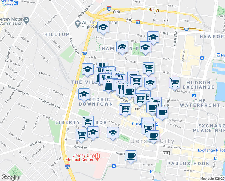 map of restaurants, bars, coffee shops, grocery stores, and more near 323 3rd Street in Jersey City