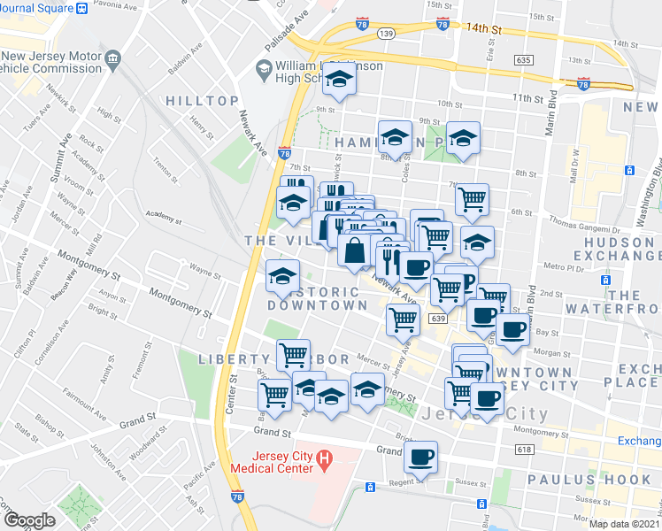 map of restaurants, bars, coffee shops, grocery stores, and more near 394 2nd Street in Jersey City