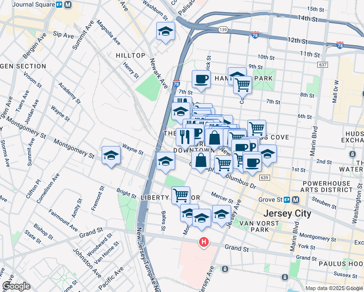 map of restaurants, bars, coffee shops, grocery stores, and more near in Jersey City
