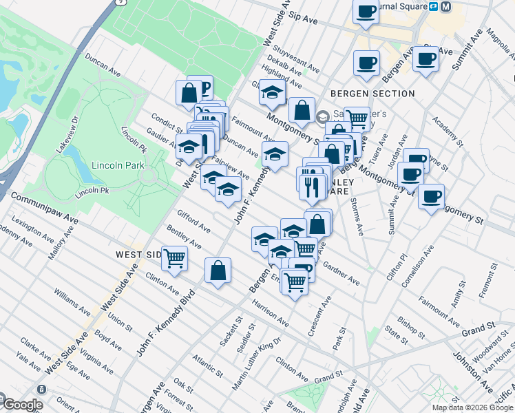 map of restaurants, bars, coffee shops, grocery stores, and more near 2530 John F. Kennedy Boulevard in Union City