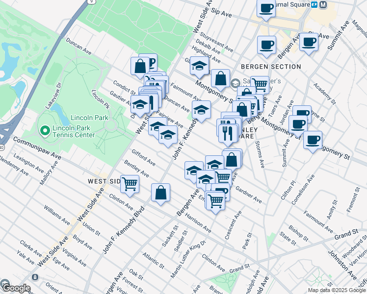 map of restaurants, bars, coffee shops, grocery stores, and more near 2530 John F. Kennedy Boulevard in Union City
