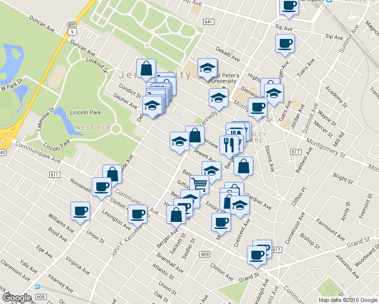 map of restaurants, bars, coffee shops, grocery stores, and more near 2530 John F. Kennedy Boulevard in Union City